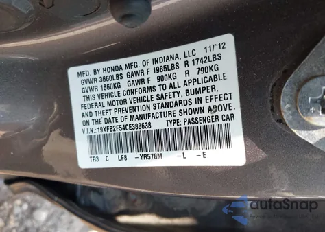 2012 Honda Civic Lx z USA, uszkodzony, nr VIN 19XFB2F54CE388638